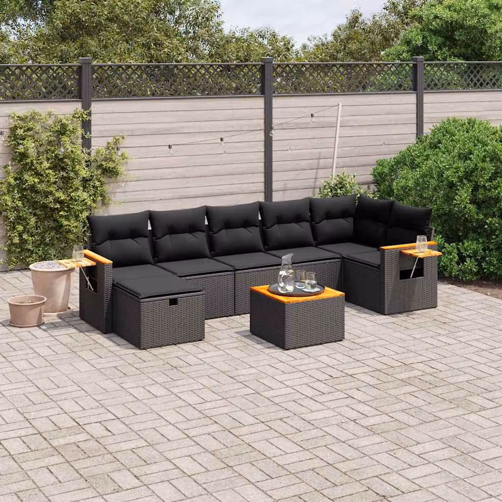 Set di divani da giardino vidaXL a forma di L con 8 pezzi, colore nero, in polyrattan con struttura in acciaio e cuscini imbottiti resistenti ai raggi UV – 1