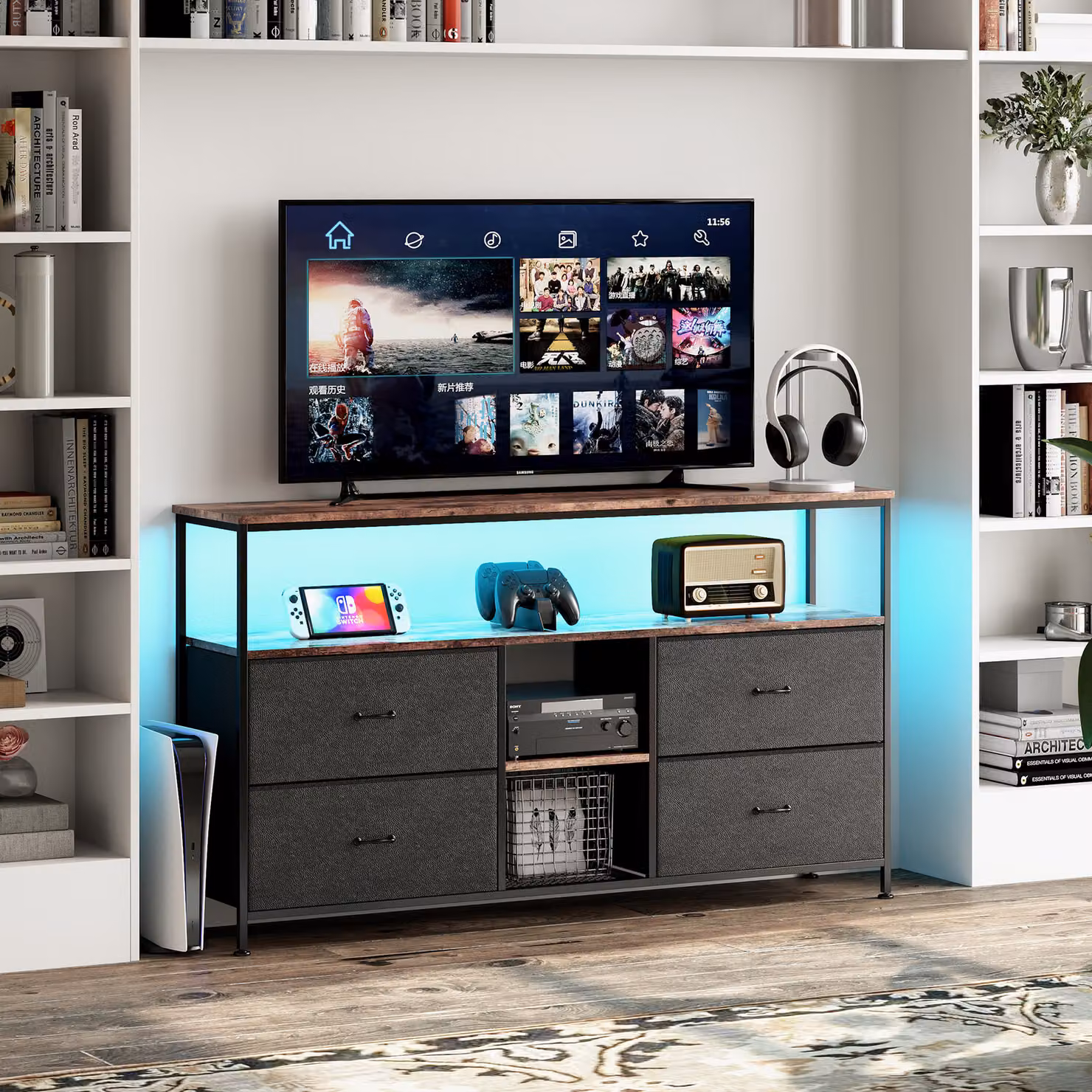 Cassettiera CDGlobal, LED, cassettiera multifunzionale per camera da letto e soggiorno - Credenza robusta e durevole, vintage e nera