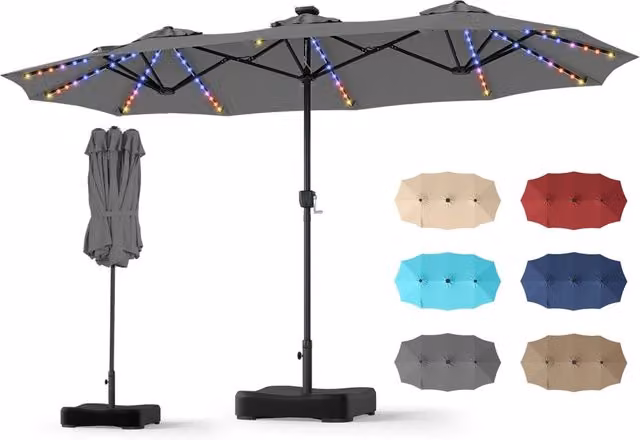 Ombrellone doppio da giardino con luci regolabili manovella base, Ombrellone ampio doppio protezione solare resistente Grigio
