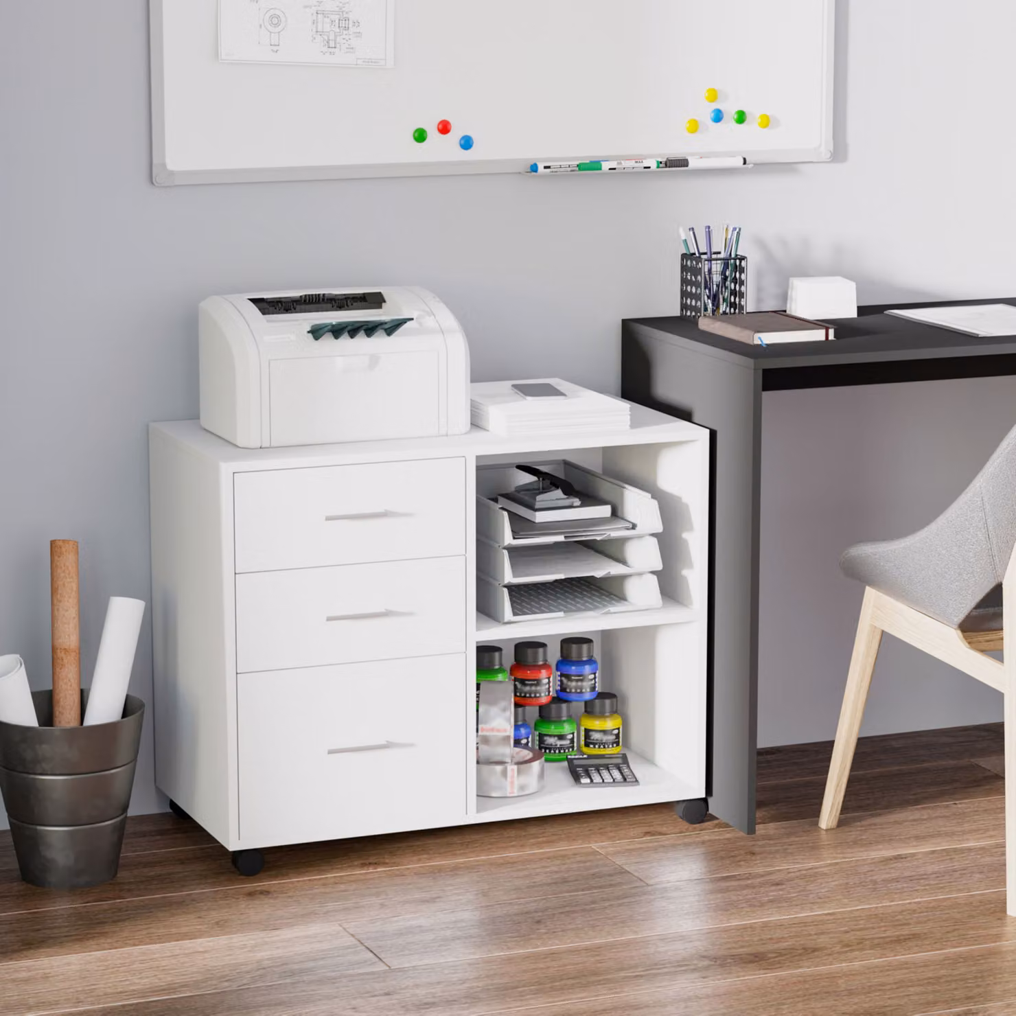 Mobile porta stampante HOMCOM in legno bianco con 3 cassetti e 4 ruote, L 80 cm x P 40 cm x H 65 cm – 2