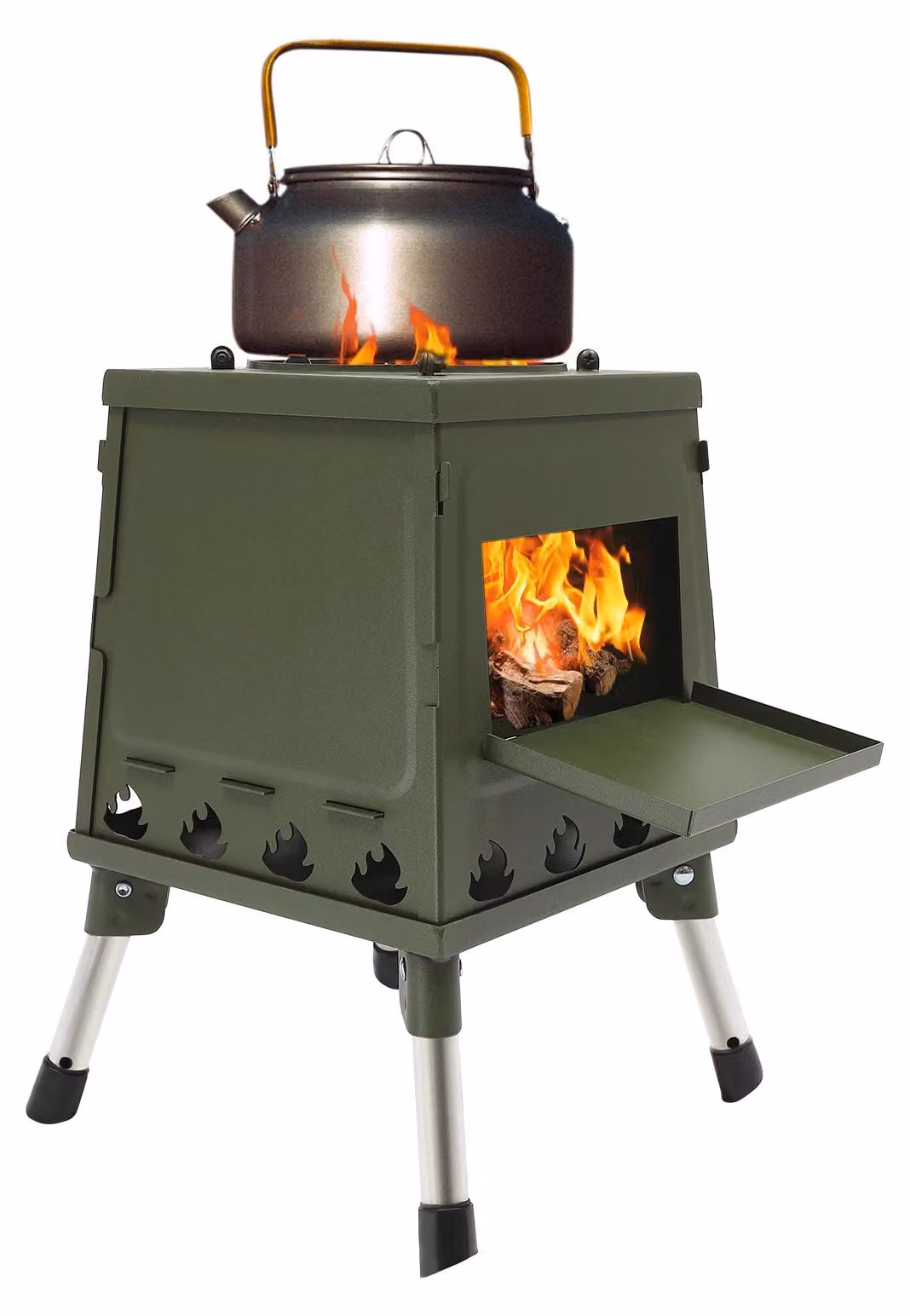Stufa da campeggio pieghevole in legno – Portatile – Pieghevole – Paravento – A forma di trapezio – Realizzata Acciaio al carbonio e acciaio inossidabile – Verde