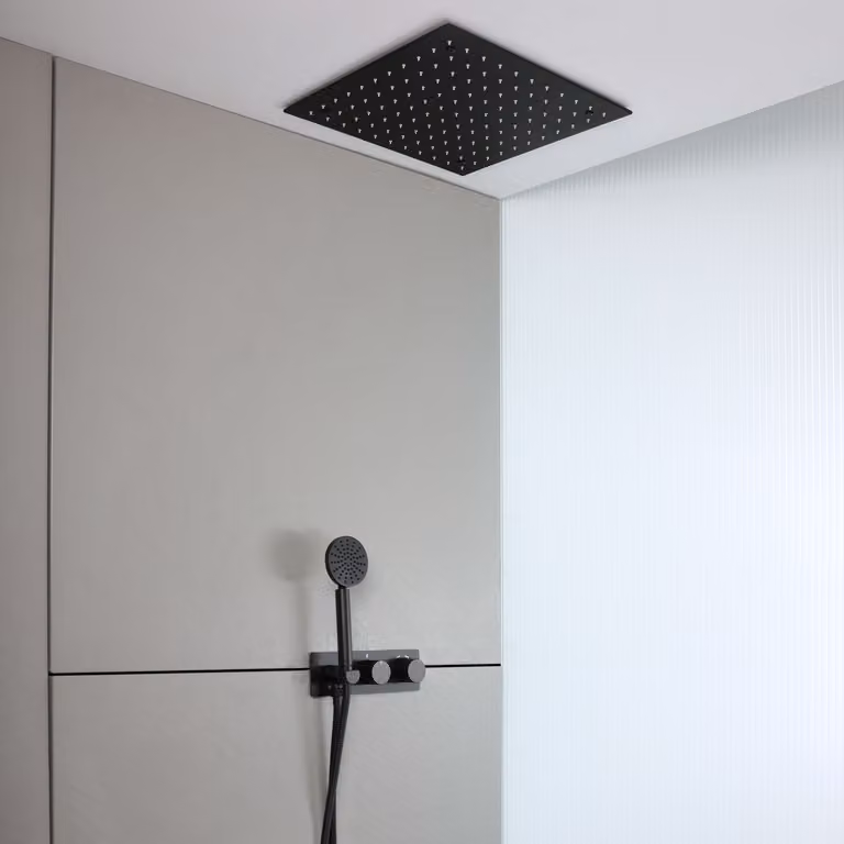 Sistema Doccia con Miscelatore Termostatico con Deviatore, Soffione ad Incasso e Doccetta (2 Vie) - Nero - Lune