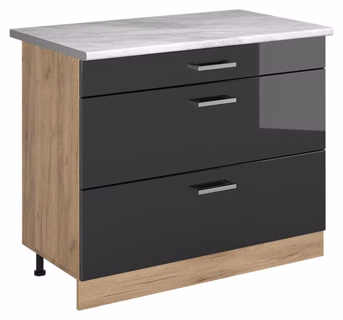Mobiletto base per cucina Vicco R-Line Antracite lucido/Rovere dorato 100 cm piano di lavoro Marmo, Model 71608