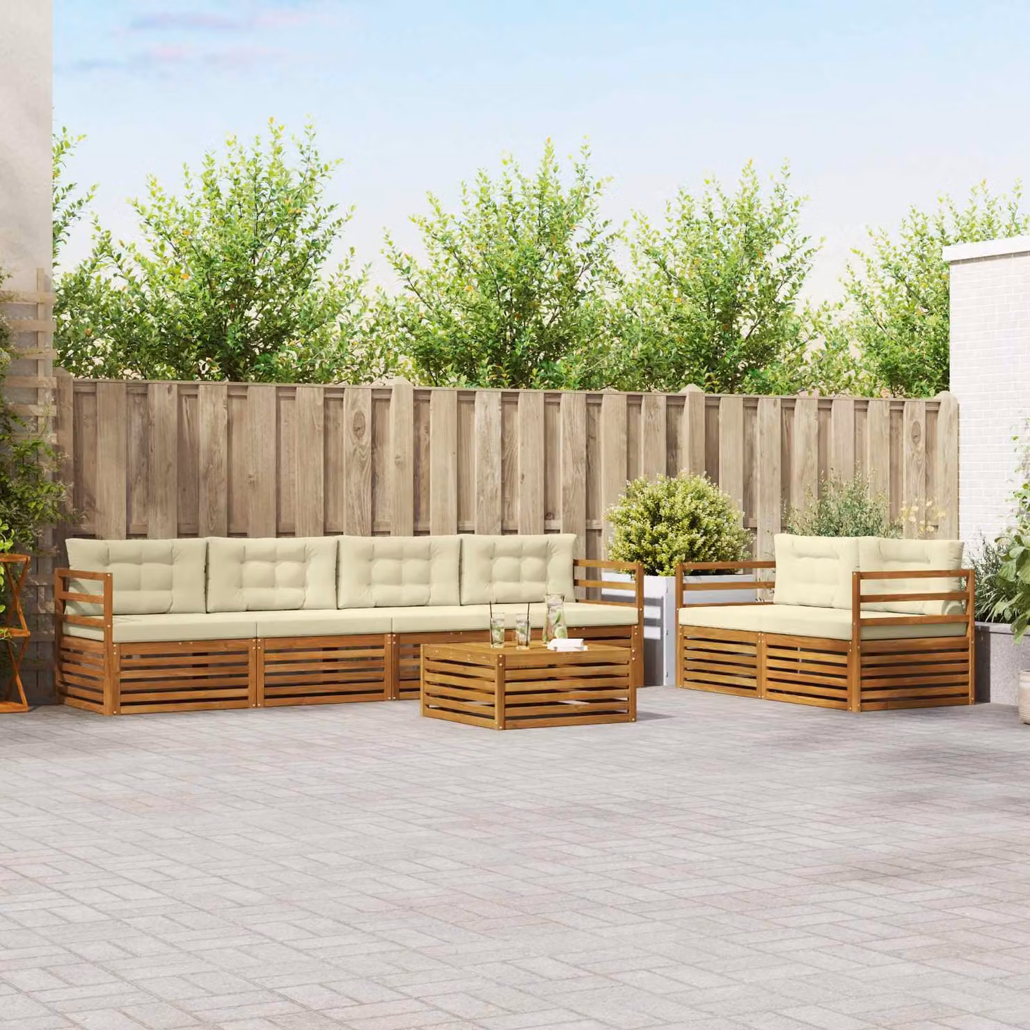 Set di divani da esterno vidaXL 7 pezzi in legno di acacia con cuscini, colore beige, bianco e marrone