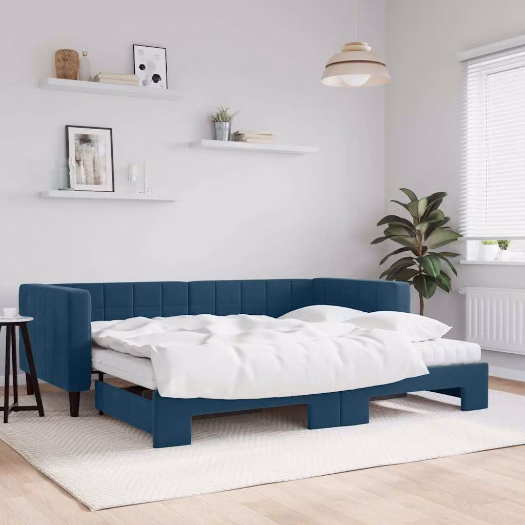 vidaXL Divano Letto Estraibile in Velluto Blu con Materassi L/P/H: 200 x 90 x 68 cm
