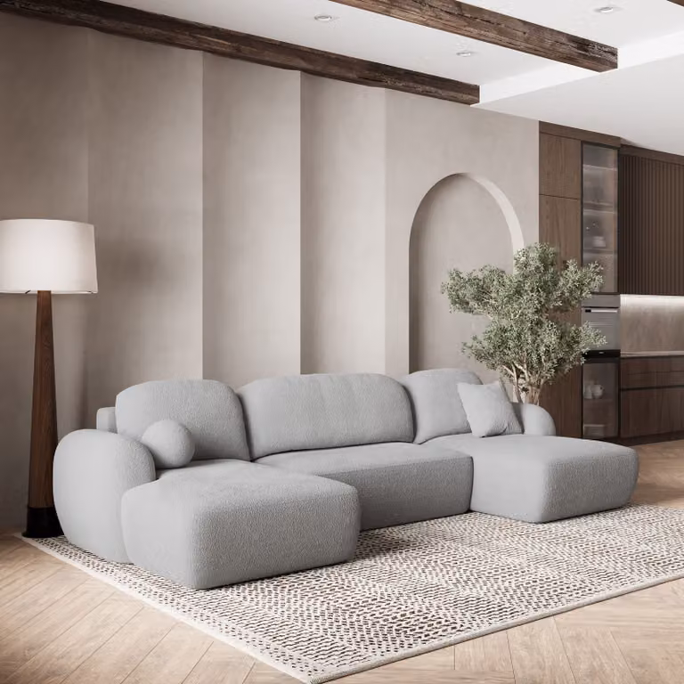 Divano angolare SAVONA N di Masseno con funzione letto a U, divano con box letto, divano da soggiorno, divano, divano letto, set di divani - grigio chiaro, ORA O MAI PIÙ 83