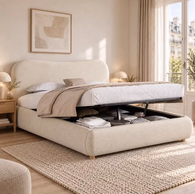 Letto matrimoniale imbottito contenitore idraulico 160x200 cm in ciniglia beige con rete a doghe