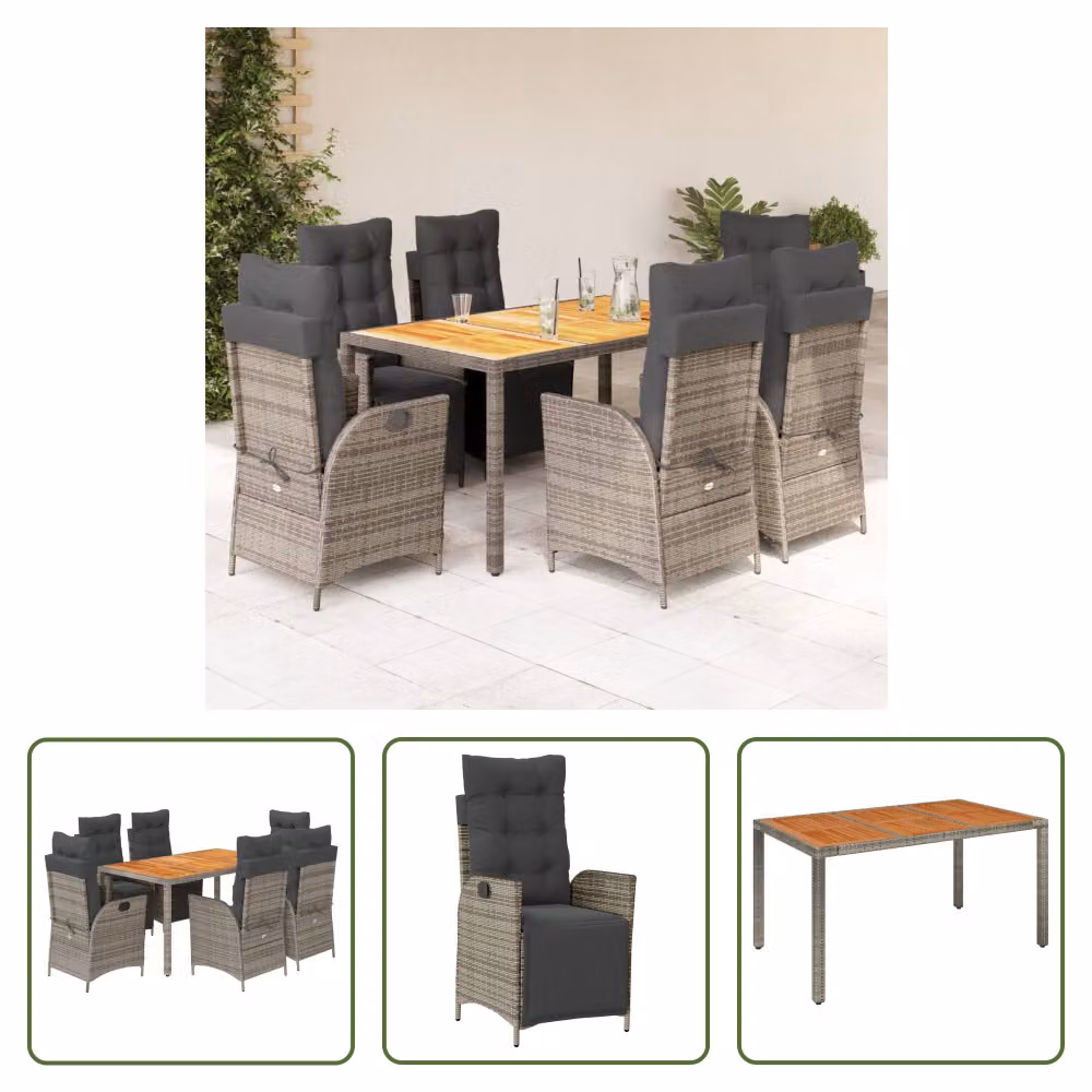 The Living Store Set da pranzo da giardino 7 pezzi con cuscini in poly rattan grigio