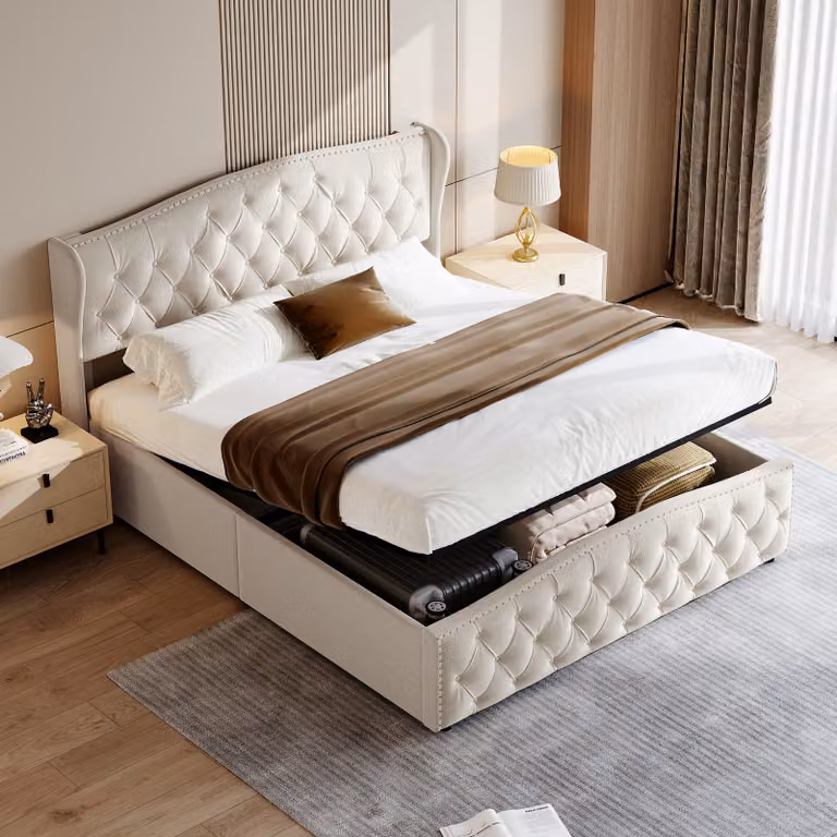 Letto imbottito, 160 x 200 cm, con rete a doghe e contenitore, regolabile idraulicamente, velluto