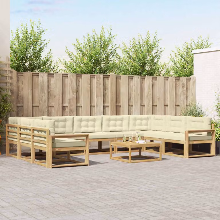vidaXL Set di divani da esterno componibile a L in legno di acacia con cuscini Bianco e Beige