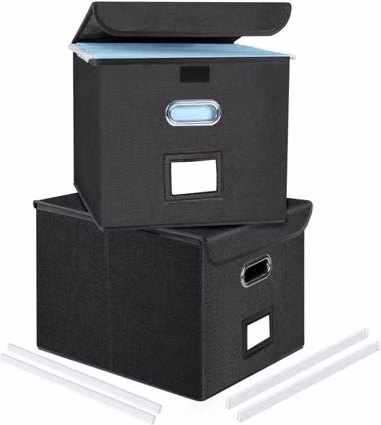 Set di 2 scatole porta documenti A4 con coperchio in stile lino e pannelli in fibra e carta, colore nero