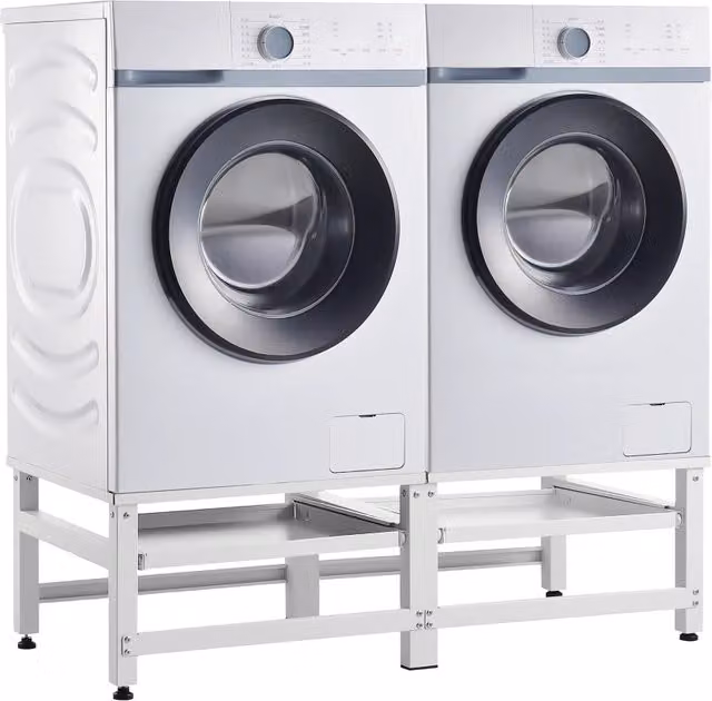 Supporto Doppio Bothel per Lavatrice en.casa in Acciaio con Ripiani Estraibili, Bianco, L: 124 cm, P: 54 cm, H: 37 cm