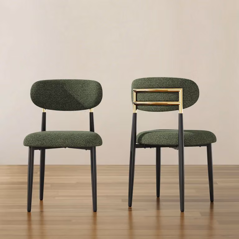 Set di 2 sedie da pranzo imbottite in tessuto, con schienale arrotondato e struttura dorata, gambe in metallo nero, stile moderno, colore verde