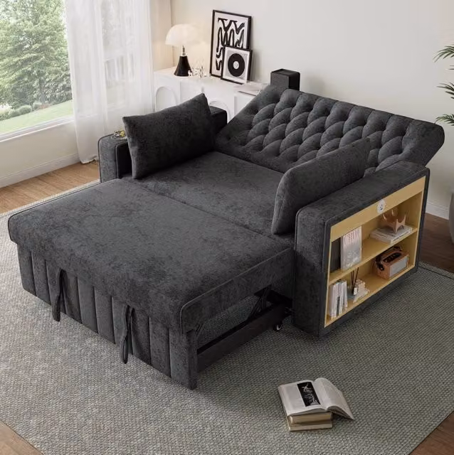 Divano letto 2 posti convertibile con schienale reclinabile a 3 posizioni; in chenille grigio; 140x137x84 cm
