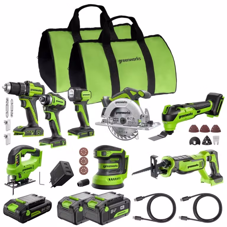 Kit elettroutensili Greenworks POWERALL 24V verde con 8 pezzi e 3 batterie ricaricabili