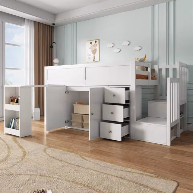 Letto a soppalco con scrivania estraibile; armadio; cassetto e scala 90x200 cm; MDF; bianco