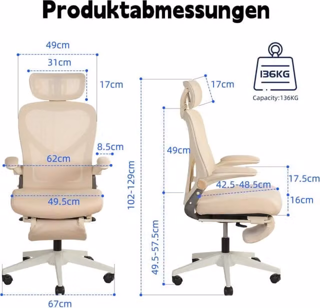 Sedia da ufficio ergonomica pieghevole 62 x 48,5 x 129 cm crema – schienale pieghevole