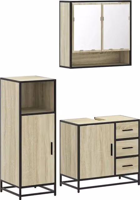 Set Mobili da Bagno | Armadio da bagno 3 pz Rovere Sonoma in Legno Multistrato