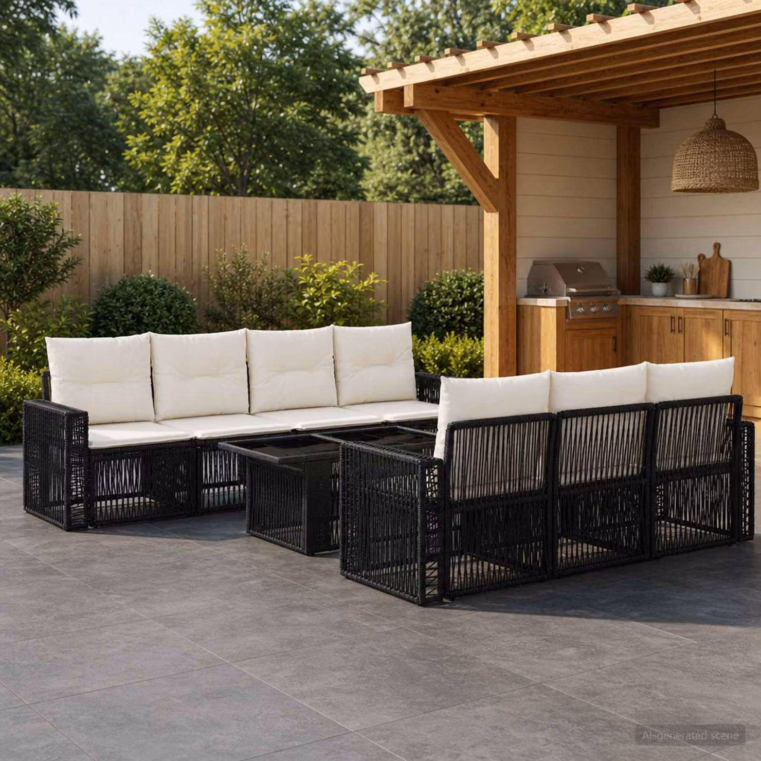 Set Divano da Giardino vidaXL 8 Pezzi in Polyrattan Nero e Bianco Crema con Tavolino e Cuscini Imbottiti