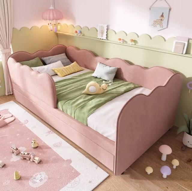 Letto 90x190 cm con letto estraibile e forma a nuvola in velluto rosa