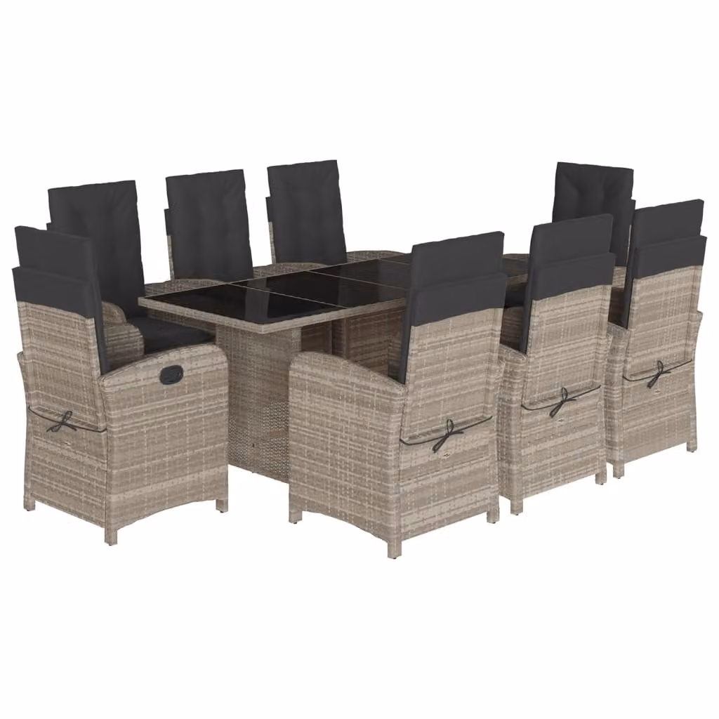 Set Pranzo da Giardino 9pz con Cuscini Grigio Chiaro Polyrattan