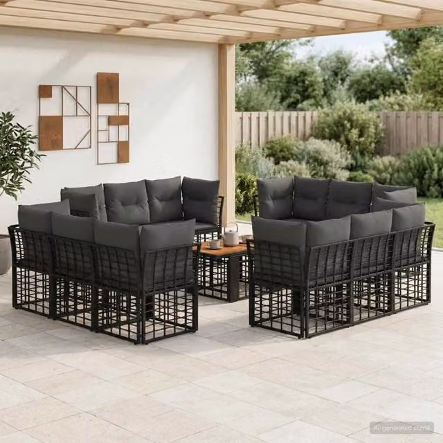Set Divano da Giardino a L vidaXL in Polyrattan con Cuscini e Tavolino da Esterno Nero e Grigio
