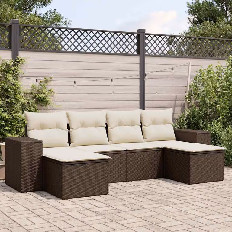 Set Divano da Giardino vidaXL 6 pz a Forma a L in Polyrattan Marrone con Cuscini Bianchi e Struttura in Metallo