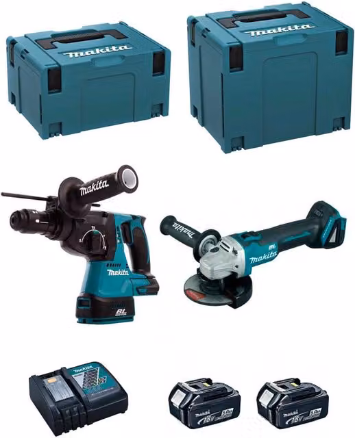 Makita Kit DLX2125TJ1 con Levigatrice DGA504, Perforatore DHR243, 2 Batterie da 5,0 Ah e Caricatore DC18RC con Sistemi di Trasporto MAKPAC