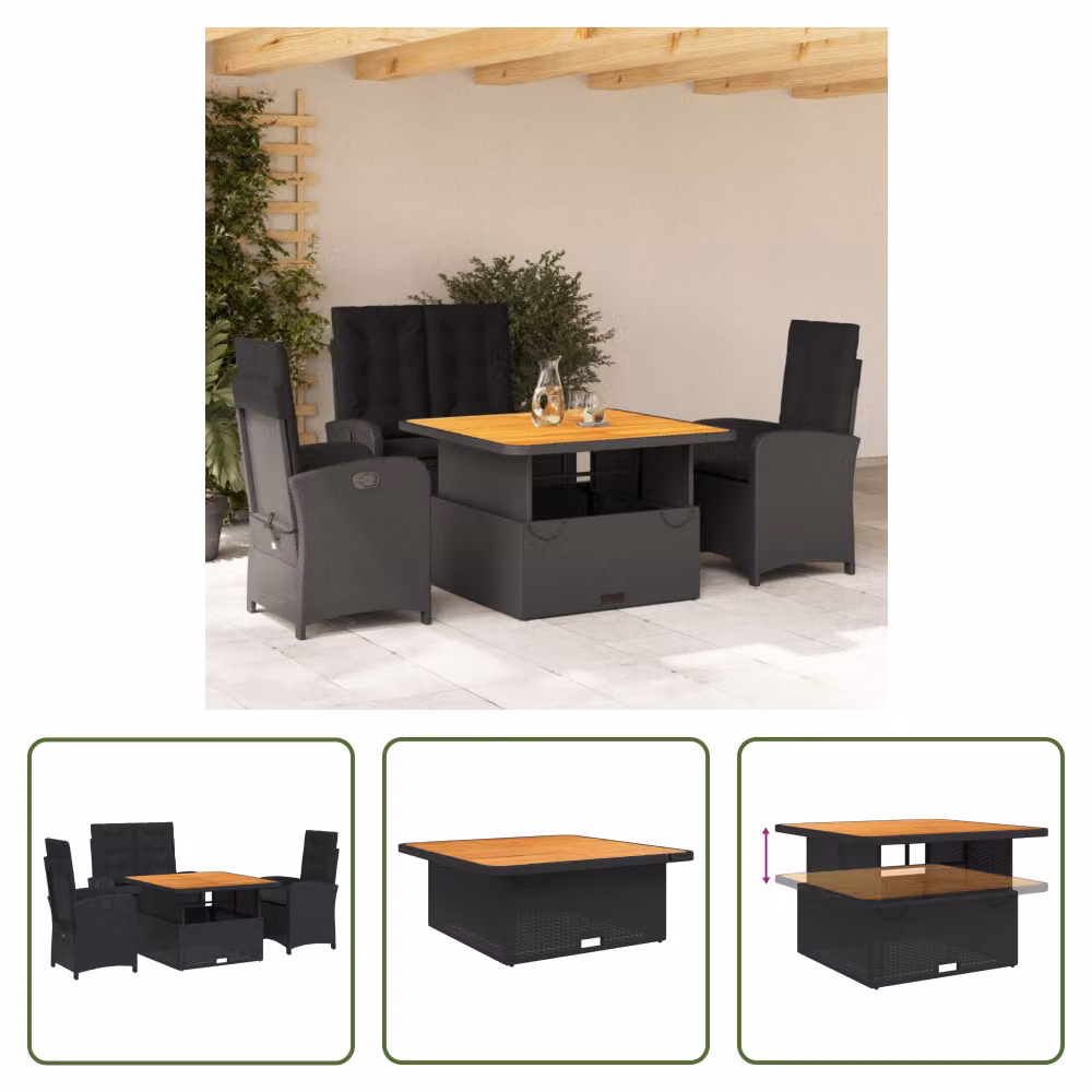 The Living Store Set da pranzo da giardino 4 pezzi con cuscini in poly rattan nero