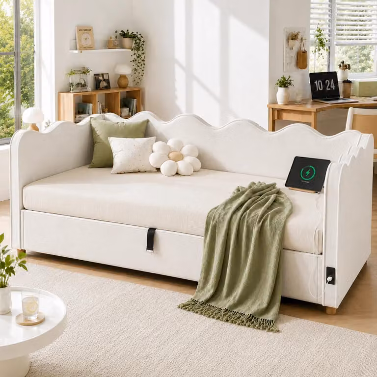 Letto singolo 90 x 200 cm con spazio contenitore idraulico, prese USB e Type-C, schienale imbottito, rete a doghe e rivestimento in velluto, color beige