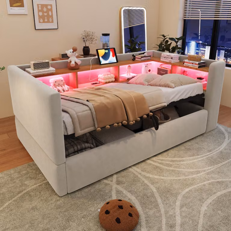 Divano letto Flieks 90x190 cm con spazio contenitore a pistoni, divano letto per il giorno, con rivestimento in ecopelle, letto imbottito per ragazzi con funzione contenitore, letto con spazio contenitore, tessuto velluto, colore grigio chiaro
