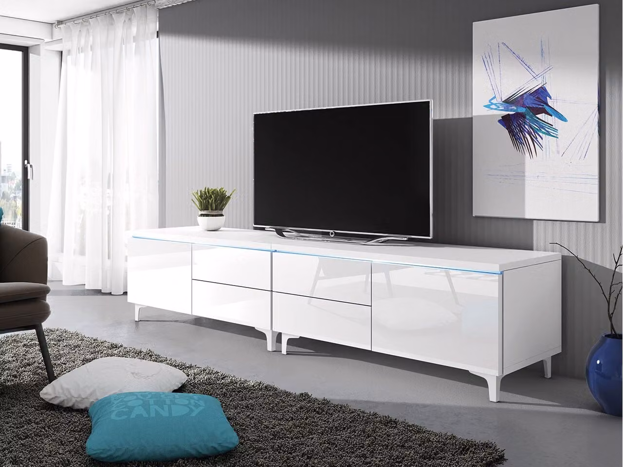 Tavolino per TV su gambe con illuminazione a LED FERNS 11 - bianco / bianco lucido