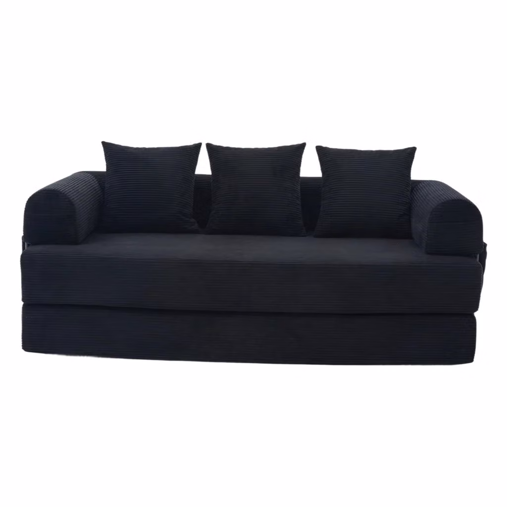 Divano modulare convertibile in velluto a coste nero con struttura in metallo e 3 cuscini, L/P/H: 200 x 140 x 67 cm – 2