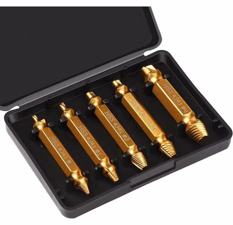 Set di estrattori per viti, 5 pezzi, in acciaio HSS 4341 dorato, con custodia per utensili
