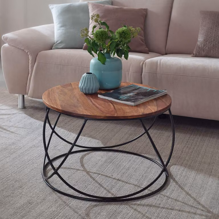 FineBuy Tavolino da caffè Sheesham in legno massiccio / metallo 60 x 40 x 60 cm Tavolo da soggiorno Rotondo solido marrone Tavolo da divano Tavolo moderno in legno Tavolo da soggiorno