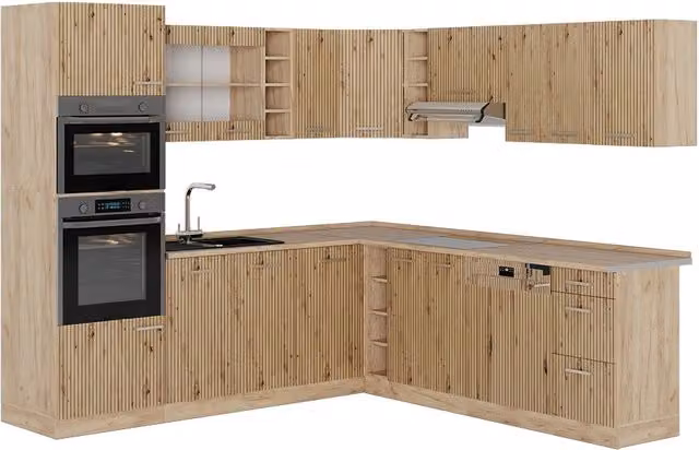 Cucina angolare moderna R-Line Vicco in rovere con ante in vetro e illuminazione integrata, L/P/H: 247 x 237 cm