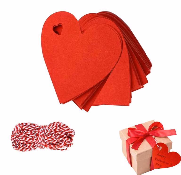100 etichette a forma di cuore, realizzate in carta kraft, con cordoncino, dimensioni 6,5 x 6 cm