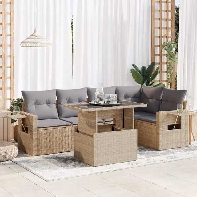 Set Divano da Giardino a L vidaXL in Polyrattan con Cuscini Beige e Grigio e Tavolino da Esterno – 1