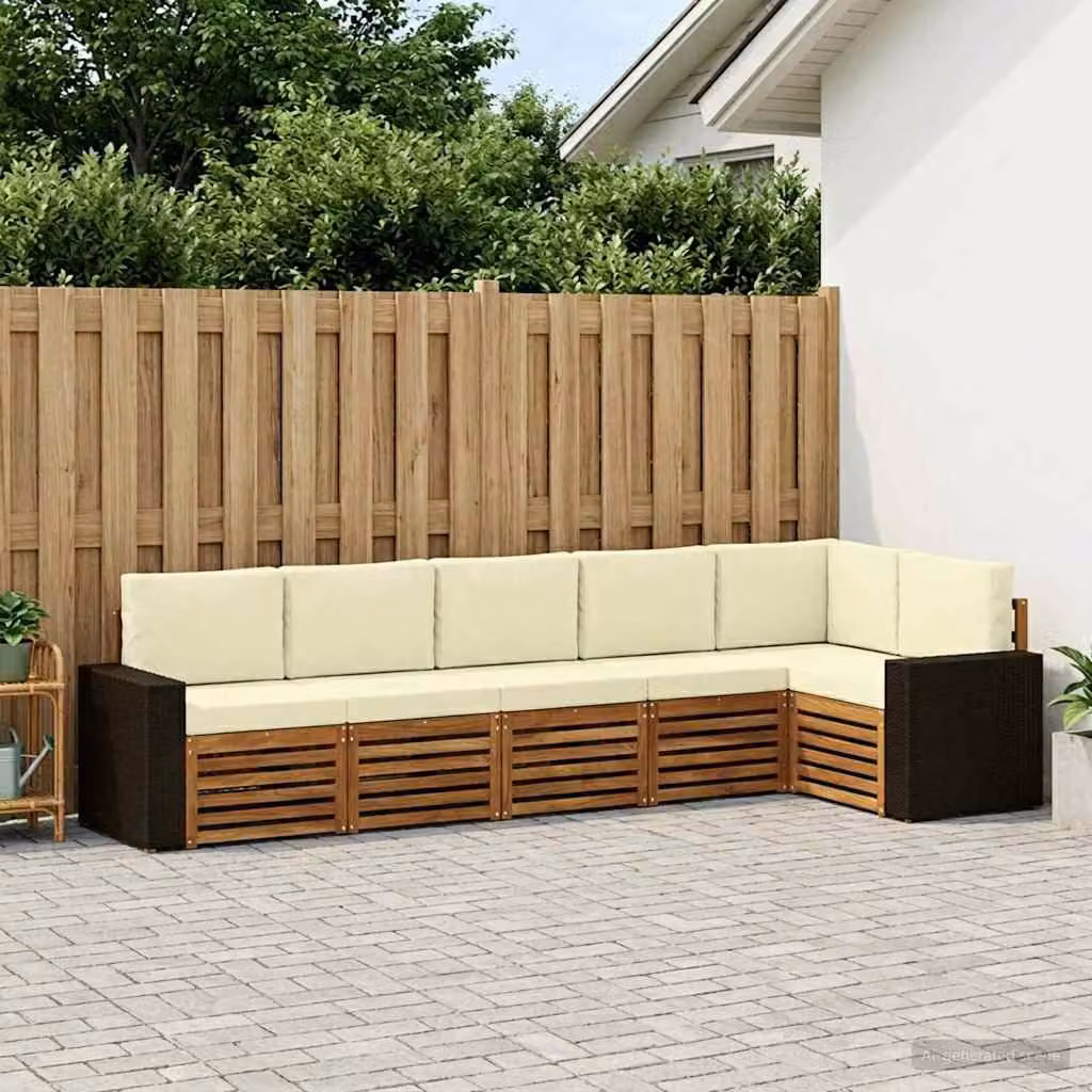 Set di divani da esterno vidaXL a forma di L composto da 6 pezzi in legno di acacia con cuscini beige e bianchi per giardino e terrazza