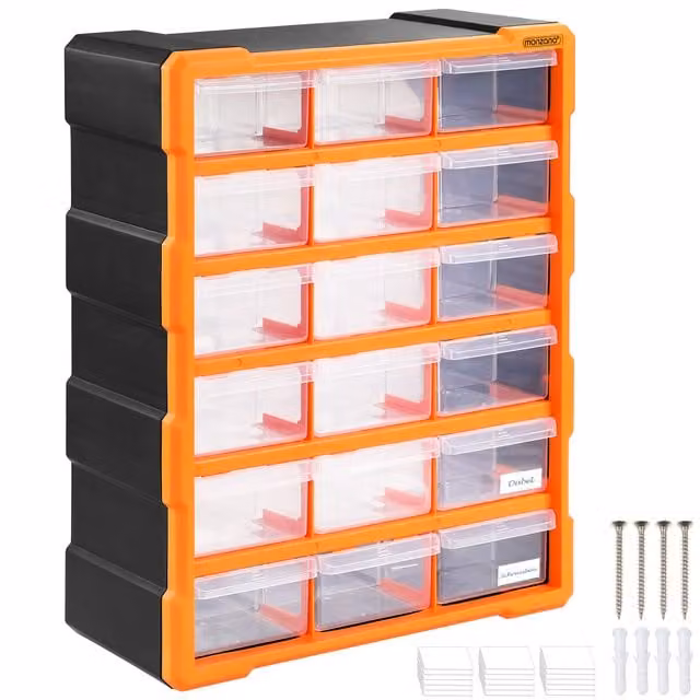 Porta minuterie Monzana con 18 cassetti in plastica, disponibile in arancione, grigio o trasparente, L: 47,5 cm, P: 38 cm, H: 16 cm