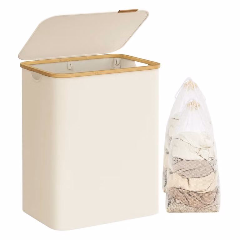 Cesto Portabiancheria con Coperchio, Bianco Crema / 130 L (2 Scomparti)