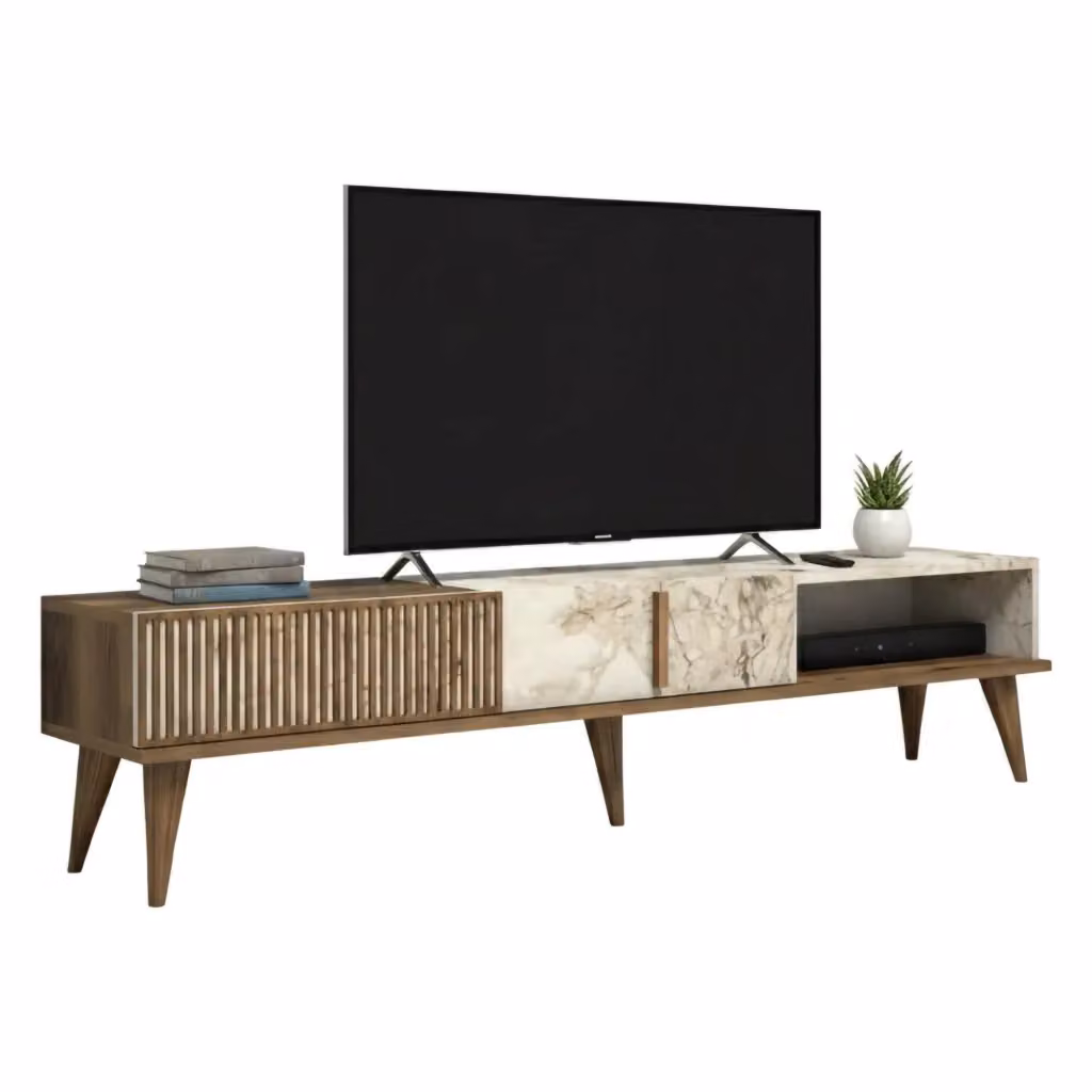 Mobile porta TV Jakuchu DMORA, Credenza da soggiorno moderna in legno, L: 180 cm, P: 40 cm, H: 35 cm, Noce e Bianco – 2