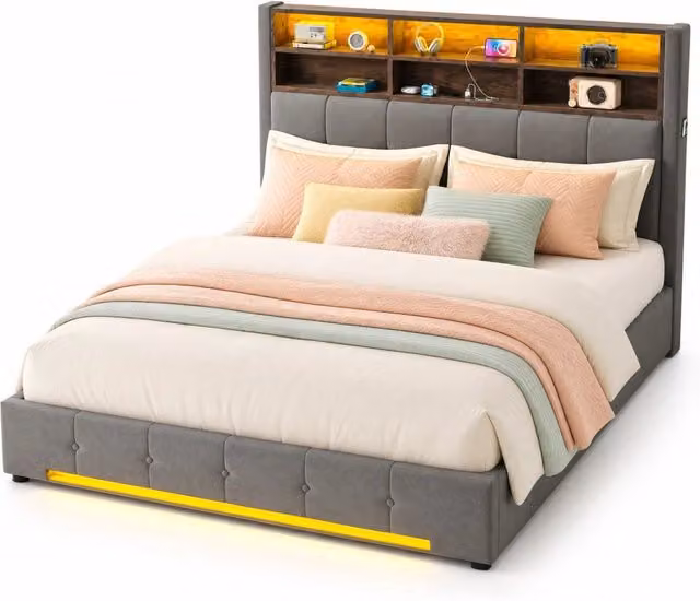 Letto matrimoniale 160x200 cm in velluto grigio scuro con testiera multifunzione, LED, USB-C, contenitore idraulico e tasche laterali
