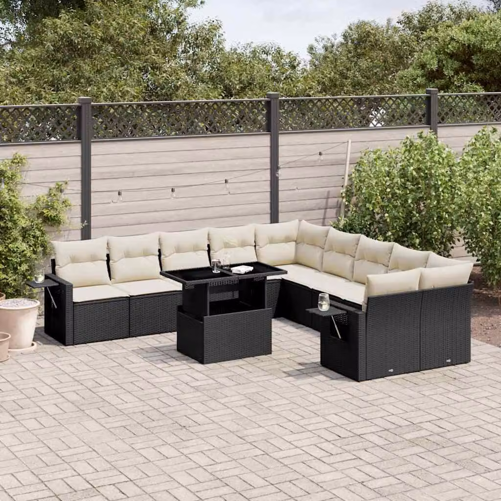vidaXL Set Divani da Giardino 11 pz in Polyrattan Nero con Cuscini e Tavolino da Esterno – 1