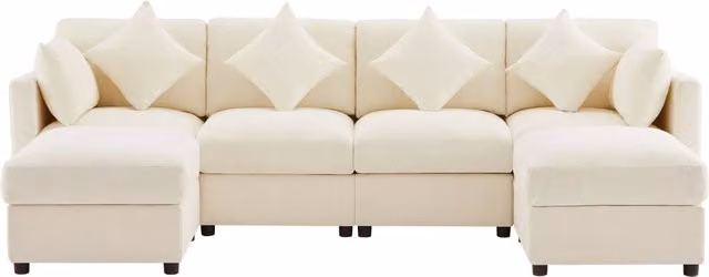 Divano modulare a forma di U/L in tessuto chenille beige con 2 pouf e 4 cuscini decorativi