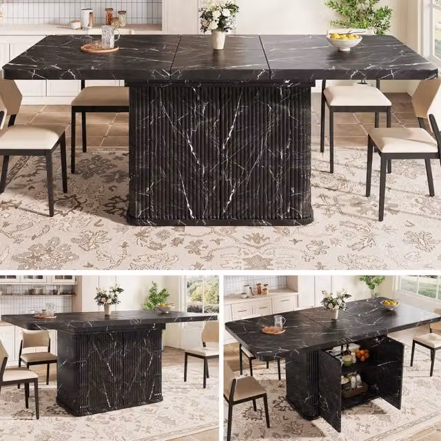 Tavolo da pranzo multifunzionale con piano allungabile 140-180 cm, vano portaoggetti nascosto, design a rilievi verticali, effetto marmo nero