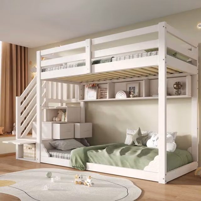 Letto a castello per bambini 90x200 cm con armadio a scaletta e ripiani; salvaspazio; legno bianco