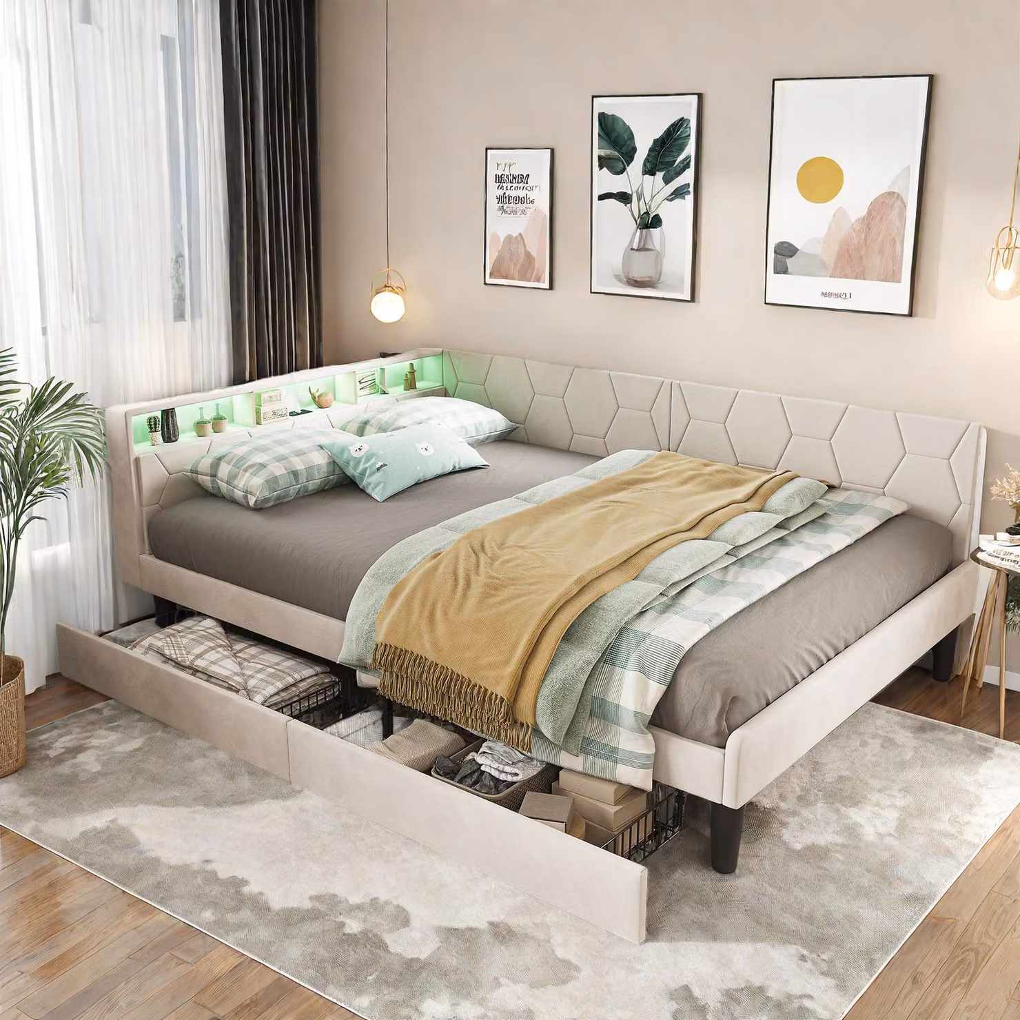 Letto imbottito ProximaX 140x200 cm, letto con contenitore dotato di 2 cassetti e illuminazione a LED, porte di ricarica USB/Type-C, tessuto in velluto, divano letto 2 in 1, beige