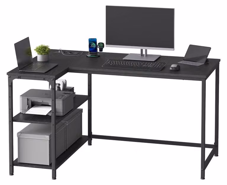 Scrivania con spazio contenitore, scrivania a L per computer, scaffale regolabile | Nero | 120x80x76 cm