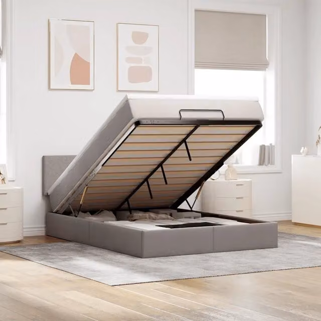 Pouf Letto con Materasso e LED Tortora 140x190 cm in Tessuto 3312226